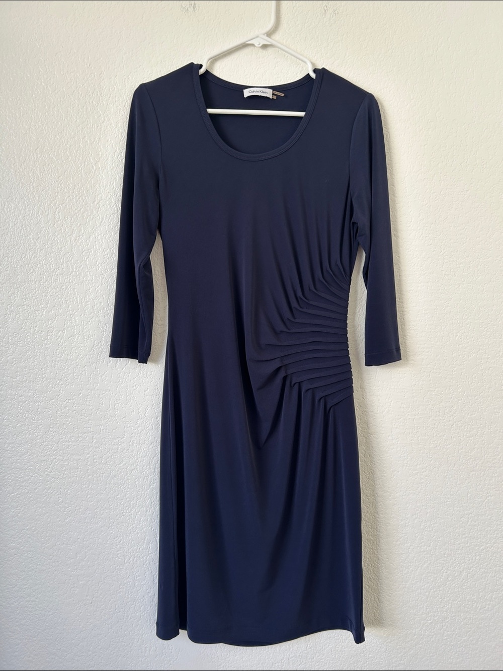 Calvin Klein Navy Long Sleeve Side-Ruched Scoop Neck Dress
